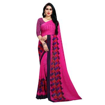 Pink printed georgette saree with blouse 1