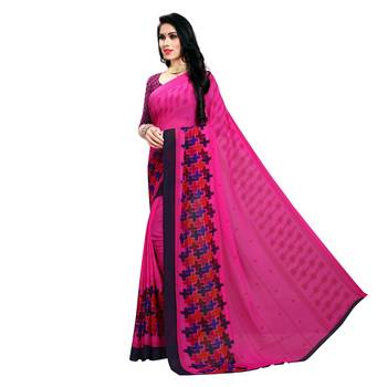 Pink printed georgette saree with blouse 2