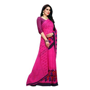 Pink printed georgette saree with blouse 4