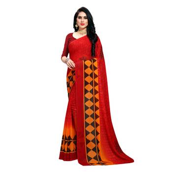 Red printed georgette saree with blouse 1