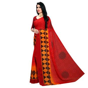 Red printed georgette saree with blouse 2