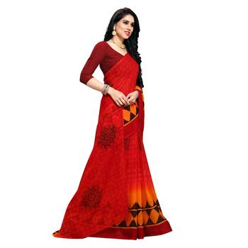 Red printed georgette saree with blouse 4