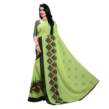Green printed georgette saree with blouse 2