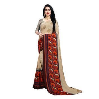 Cream printed georgette saree with blouse 1
