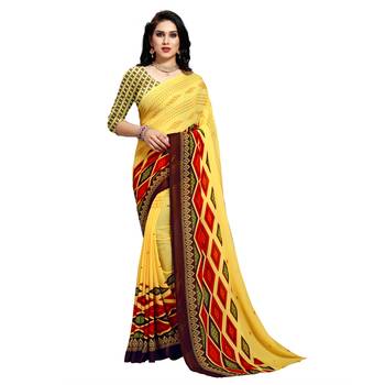 Yellow printed georgette saree with blouse 1