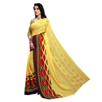 Yellow printed georgette saree with blouse 2