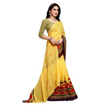 Yellow printed georgette saree with blouse 4