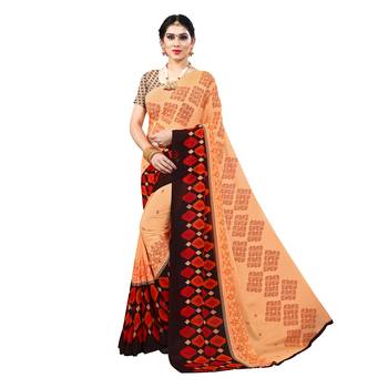 Orange printed georgette saree with blouse 1