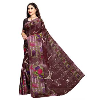 Maroon printed georgette saree with blouse 2