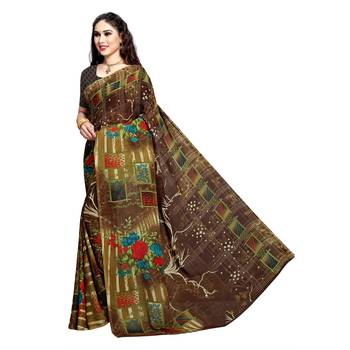 Brown printed georgette saree with blouse 2