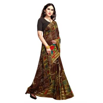 Brown printed georgette saree with blouse 4