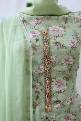 Light Green Linen Print Designer Suit Fabric 1
