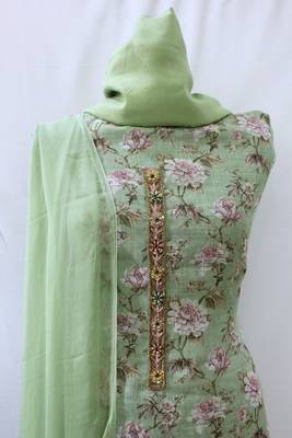 Light Green Linen Print Designer Suit Fabric 2