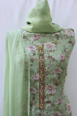 Light Green Linen Print Designer Suit Fabric 4