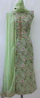 Light Green Linen Print Designer Suit Fabric 5