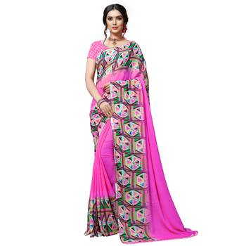Pink printed georgette saree with blouse 1