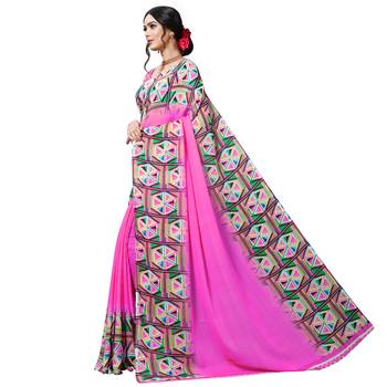 Pink printed georgette saree with blouse 2