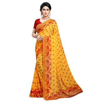 Red printed georgette saree with blouse 1
