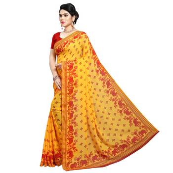 Red printed georgette saree with blouse 2