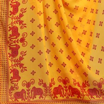 Red printed georgette saree with blouse 6