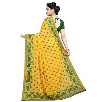 Green printed georgette saree with blouse 3