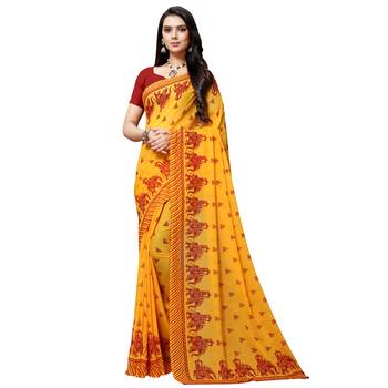 Red printed georgette saree with blouse 1