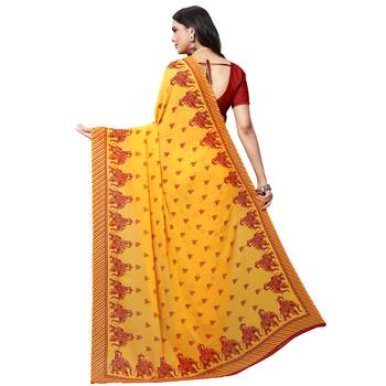 Red printed georgette saree with blouse 3