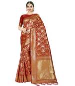 Red printed silk blend saree with blouse