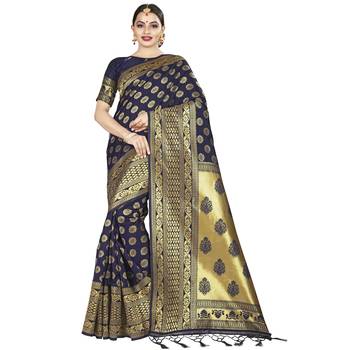 Blue printed silk blend saree with blouse 1
