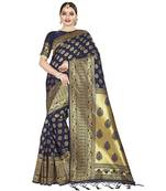 Blue printed silk blend saree with blouse