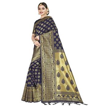Blue printed silk blend saree with blouse 2