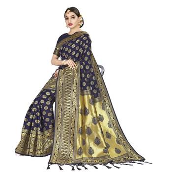 Blue printed silk blend saree with blouse 4