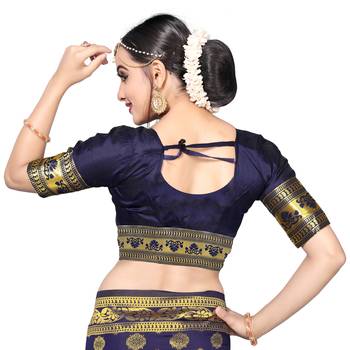 Blue printed silk blend saree with blouse 7