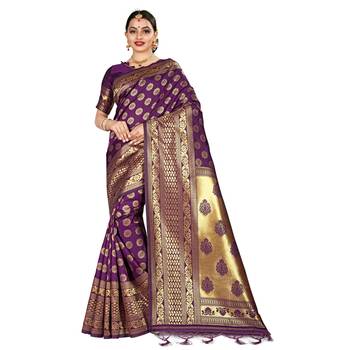 Purple printed silk blend saree with blouse 1