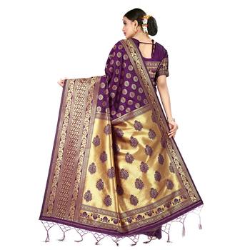 Purple printed silk blend saree with blouse 3