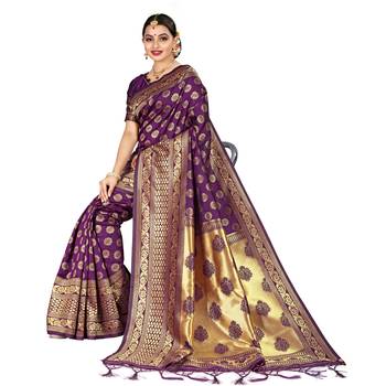 Purple printed silk blend saree with blouse 4