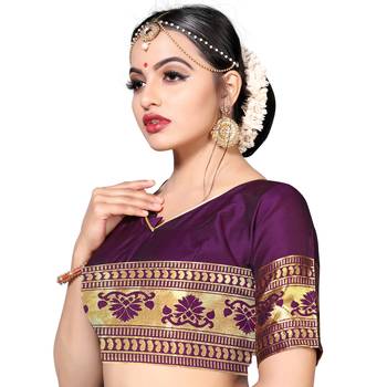 Purple printed silk blend saree with blouse 6