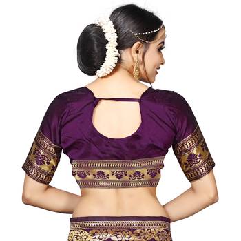 Purple printed silk blend saree with blouse 7