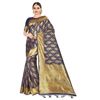 Blue printed silk blend saree with blouse 1