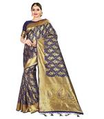 Blue printed silk blend saree with blouse