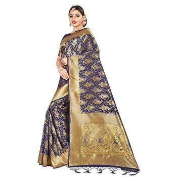 Blue printed silk blend saree with blouse 2