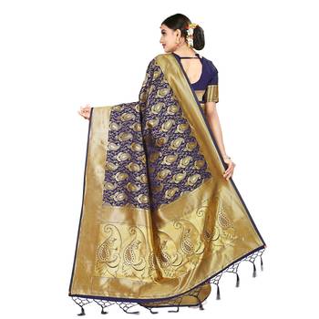 Blue printed silk blend saree with blouse 3