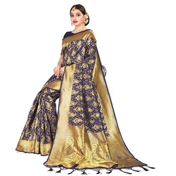 Blue printed silk blend saree with blouse 4