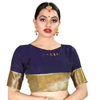 Blue printed silk blend saree with blouse 5
