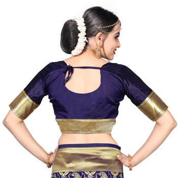 Blue printed silk blend saree with blouse 7