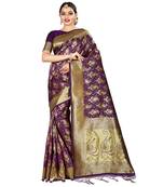 Purple printed silk blend saree with blouse