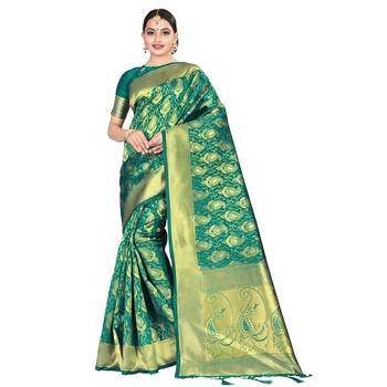 Green printed silk blend saree with blouse 1