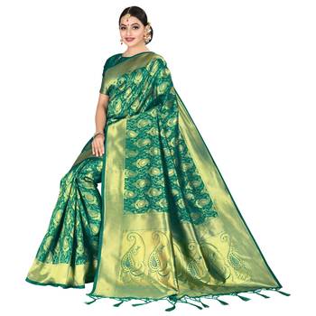 Green printed silk blend saree with blouse 4