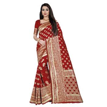 Red printed silk blend saree with blouse 1