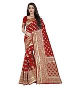 Red printed silk blend saree with blouse